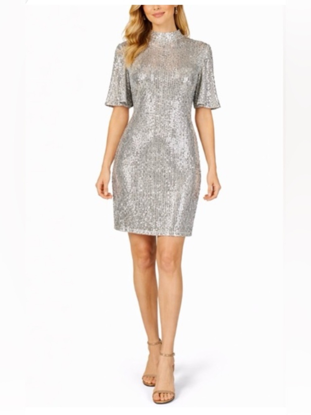 Eliza J Sequined Short Sleeve Mock Neck Midi Shift Cocktail Dress Silver Size 6